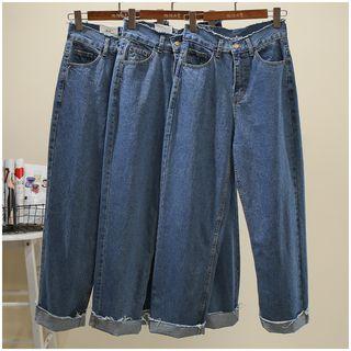 High-waist Frayed Straight-cut Jeans Blue - L