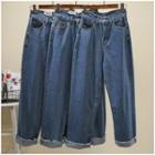 High-waist Frayed Straight-cut Jeans Blue - L