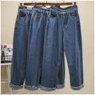 High-waist Frayed Straight-cut Jeans Blue - L