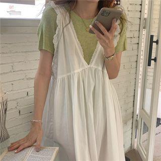 Spaghetti Strap Midi A-line Dress / Short-sleeve Knit Top