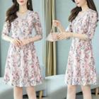 Lace Trim Floral Elbow-sleeve A-line Dress