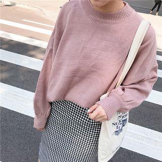 Plain Puff-sleeve Loose-fit Sweater