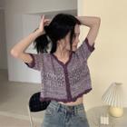 Color-block Single-breasted Short-sleeve Knit Top