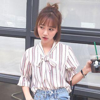 Striped Elbow Sleeve Chiffon Blouse