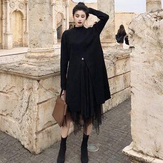Mock Neck Slit Sweater / Asymmetrical Mesh Skirt