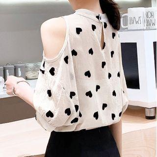 Heart Print Cold-shoulder Elbow-sleeve Blouse