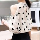Heart Print Cold-shoulder Elbow-sleeve Blouse