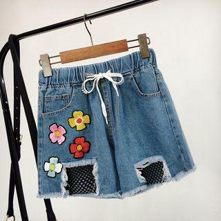 Embroidered Mesh Panel Denim Shorts