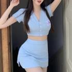 Short-sleeve Button-up Crop Top / Mini Skirt