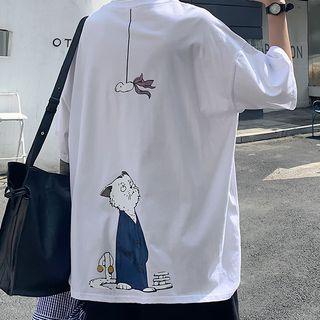 Cat & Fish Print Oversized Tee