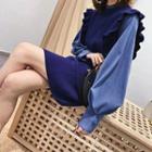 Set: Plain Frilled Sleeveless Knit Dress + Plain Long-sleeve Blouse