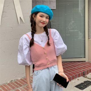 Puff-sleeve Blouse / Knit Button-up Camisole Top