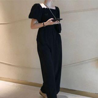 Puff-sleeve Plain Jumper Pants Black - One Size