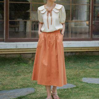 Short-sleeve Tie-front Blouse / Midi A-line Skirt