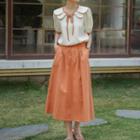 Short-sleeve Tie-front Blouse / Midi A-line Skirt