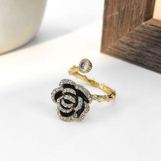 Cz Flower Open Ring Black & Gold - One Size