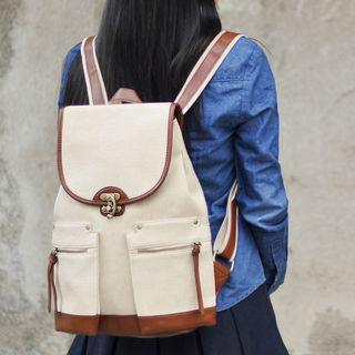 Two-tone Flap Backpack Khaki - One Size