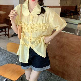 Short-sleeve Ruffle Trim Blouse Yellow - One Size