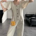 Short-sleeve Button-up Cropped Jumpsuit