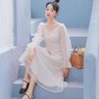 V-neck Mesh Long-sleeve Midi A-line Dress