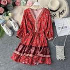 3/4-sleeve Floral Print A-line Dress Red - One Size