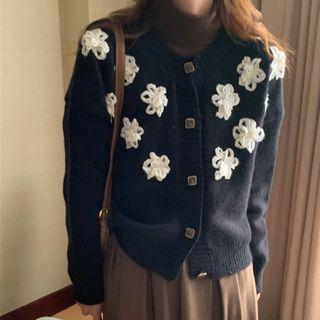 Flower Applique Cardigan Black - One Size