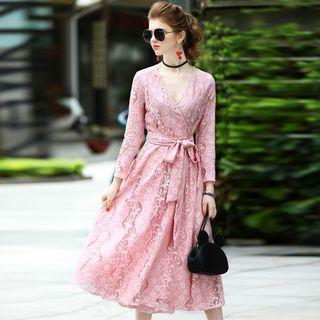 Wrapped Tie-waist Lace Midi Dress