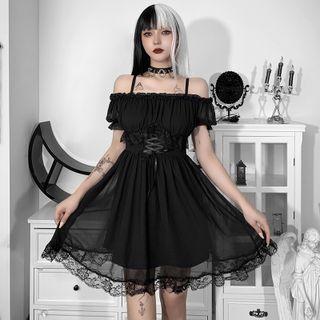 Short-sleeve Cold-shoulder Lace Trim A-line Dress
