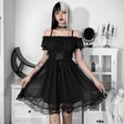 Short-sleeve Cold-shoulder Lace Trim A-line Dress