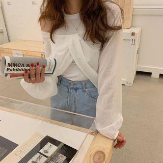 Set: Long-sleeve Twist-front Blouse + Tank Top Set - Shirt - White - One Size / Tank Top - White - One Size