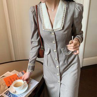 Contrast Collar Plaid Midi A-line Dress