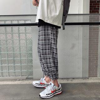 Adjustable Cuff Cropped Plaid Pants