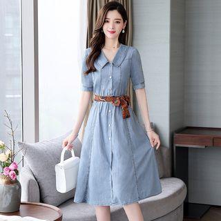 Short-sleeve Sashed A-line Dress