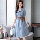 Short-sleeve Sashed A-line Dress