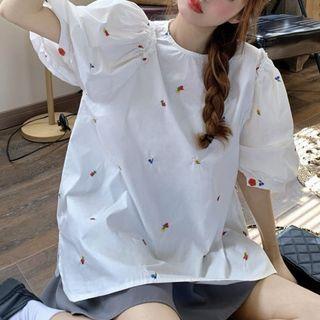Puff-sleeve Round-neck Floral Embroidered Shirt