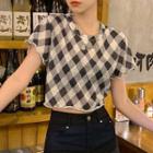 Short-sleeve Plaid Round-neck Top Plaid - One Size