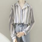 Long-sleeve Striped Chiffon Shirt Blue - One Size