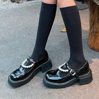 Faux Pearl Platform T-strap Shoes
