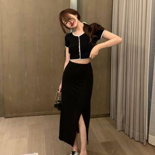 Short-sleeve Buttoned Crop Top / Fitted Slit Midi Skirt