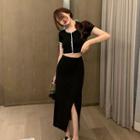Short-sleeve Buttoned Crop Top / Fitted Slit Midi Skirt