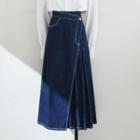 Asymmetrical Pleated Denim Midi A-line Skirt