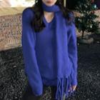 V-neck Plain Loose Fit Sweater With Scarf