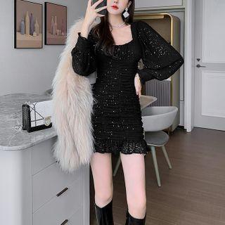 Sequined Shirred Mini Bodycon Dress