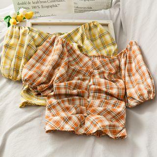 Wide-neck Ruched Checker Crop Blouse