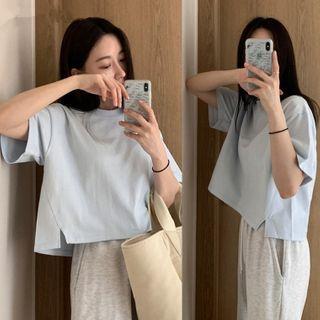 Short-sleeve Plain Split T-shirt Light Blue - One Size