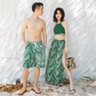 Women Set: Leaf Print Bikini + Maxi Skirt / Men Leaf Print Swim Shorts