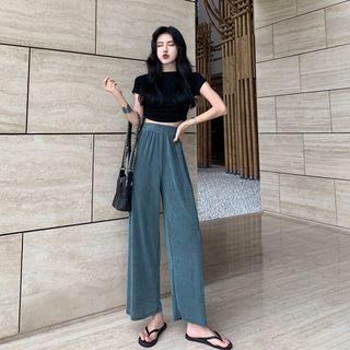 Short-sleeve Drawstring Cropped T-shirt / Wide-leg Pants