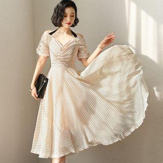 Short-sleeve Crinkled Polka Dot A-line Midi Dress