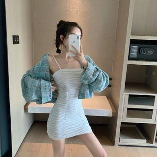 Long-sleeve Plaid Shirt / Spaghetti-strap Shirred Slim Fit Dress