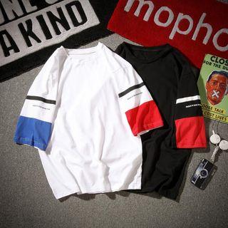 3/4-sleeve Color Block Lettering T-shirt